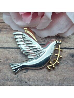 Vintage Signed Danecraft Two Tone Dove & Olive Branch Brooch Pin 2"